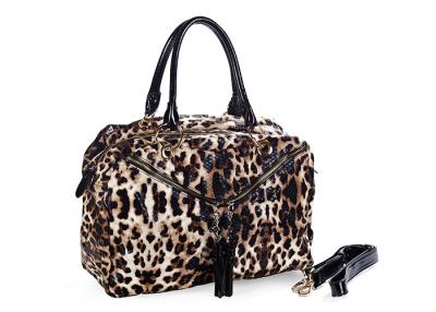 China Brown Leopard PU Leather Tassel Tote Bag with Zipper / Pocket for sale