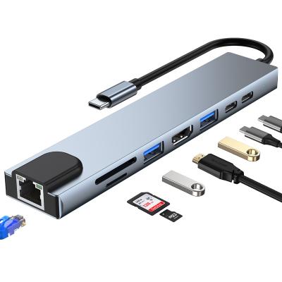 China Aluminum Alloy 8 in 1 Type C USB Hub with 4K Ethernet HDTV Multiport USB 3.0 Hub for MacBook Pro Dell XPS Docking Station for sale