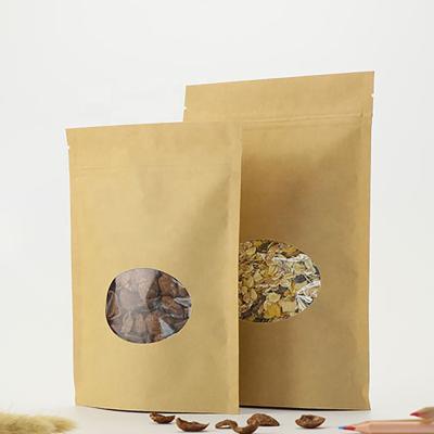 China Recyclable Tea Window Kraft Paper Factory Customized Dried Fruit Nuts Sealed Self Supporting Kraft Paper Bag for sale