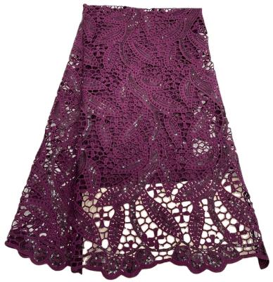 China Breathable African Lace Fabric Nigeria Fabric Water Soluble Purple With Sequin Beads Swiss Lace Sheet Ladies Skirt for sale