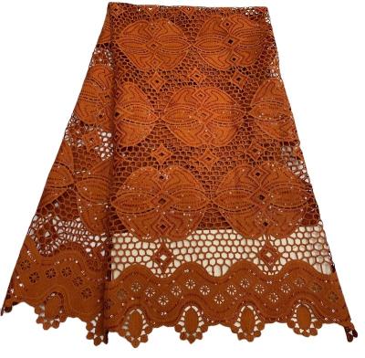 China Breathable Luxurious African Lace Fabric Nigerian Water Soluble Orange Brown With Sequin Beads Swiss Lace Pattern Circular Women Ski for sale