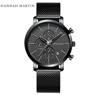 China HANNAH MARTIN Simple Full Black Calendar Men's Classic Watches Japan Quartz Movement With Calendar Leisure Fashion Waterproof Wristwatch for sale