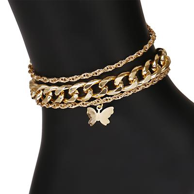 China Hiphop Fashion 14K Gold Cuban Link Butterfly Anklet Chain Bracelet Foot Jewelry For Women BHAP023 for sale