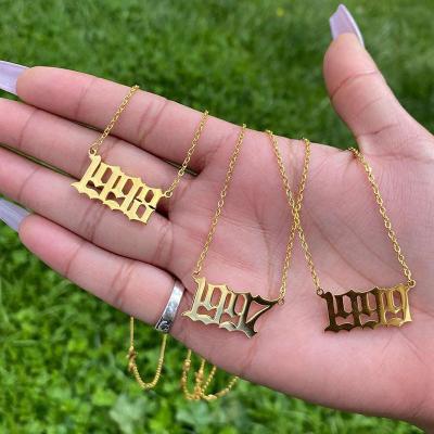 China Wholesale CLASSIC Old English Birth Year Number Stainless Steel Necklace 18 Gold Pendant Necklace For Women BHNP090 for sale