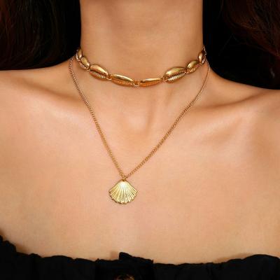 China New Design Women Stainless Steel Alloy Jewelry Gold Multi Romantic Choker Shell Layered Pendant Sea Shell BHNP051 for sale