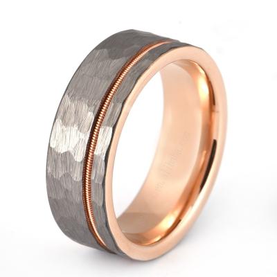 China Fashion Gentdes Jewelry Ready to Ship Hammered Inlay Rose Gold Tungsten Men Guitar String Rings for sale