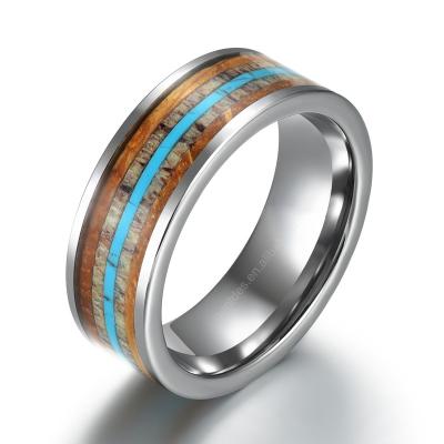 China New CLASSIC Running Jewelry Tungsten Men Rings Antler Turquoise Inlay 8mm Wood Wedding Bands For Men for sale