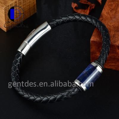 China Gentdes Jewelry CLASSIC Blue Stabilized Wood Mens Leather Bracelet Metal Beads for sale