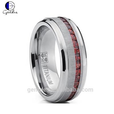 China Gentdes Ruby Colored Zirconium Inlay Titanium Jewelry On Beveled Edge Titanium Ring for sale