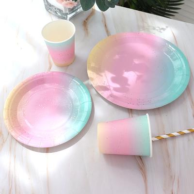 China Party Tableware Ychon Gradient Paper Disposable Tableware Setsupplies Party Tableware Disposable Tableware Supplies for sale