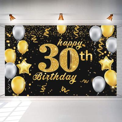 China Insurance Ychon fabric black gold sign poster large for birthday photo booth backdrop background banner for birthday party decoration for sale