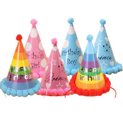 China Ychon Birthday Party Decoration Hat Children's First Birthday Party Decoration Hair Ball Hat Cartoon Colored Colorful Hat Striped Rainbow for sale