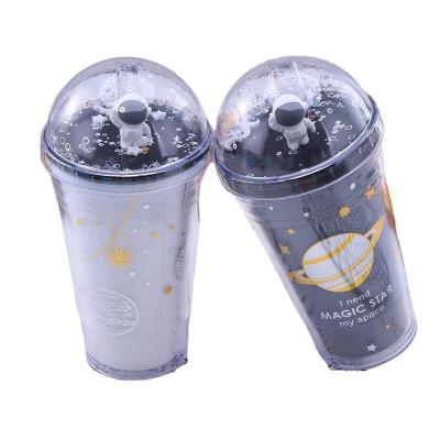 China Sustainable Coffee Gift Drinking Mug With Straw Creative Planet Plastic Cup With Cover For Sale for sale