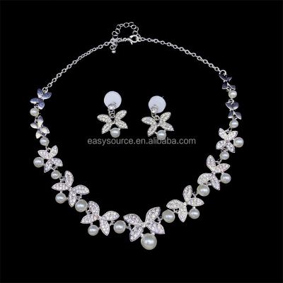 China CLASSIC RE4345 Rhodium Pearl Bridal Necklace Earrings Wedding Jewelry Set Women Girls Party Accessories for sale