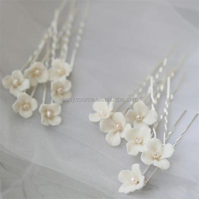 China RE4508 Porcelain Stock Flower Bridal Hair Pins 6 PCS/Set Pearls Wedding Hair Clip Handmade Freshwater Bridal Hair Jewelry for sale