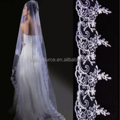 China 2014 New Embroidery Long Fit White Tulle Applique Cathedral Fit Veil For Wedding for sale