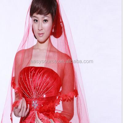 China Wholesale Cheap Wedding Fitting Red Elegant Accessories Bridal Tulle Appliqued Veils for sale