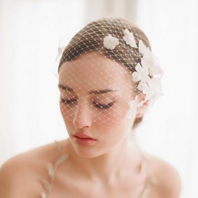 China Lace up OEM wholesale elegent flower accessories wedding dress edge headpiece beaded lace trimming birdcage bridal veil for sale