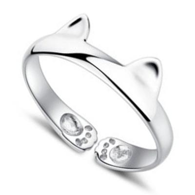 China Vintage Fashion Cat Ears Ring Silver Plated Cat Rings White Pussy Ring for sale