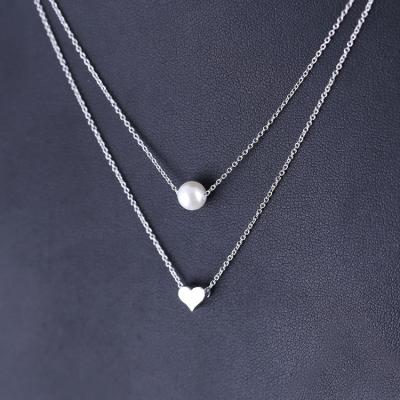 China New Fashion Cute Simple S925 Sterling Silver Pearl Love Heart Necklace Double Layer Pearl Necklace for sale