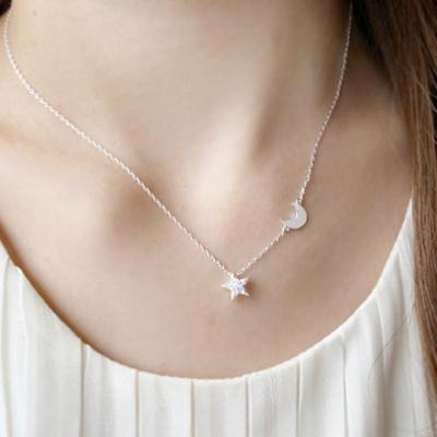 China 925 Sterling Silver Jewelry Women Cubic Zircon Cute Pendant Necklace Exquisite Star Moon Chain Necklace for sale