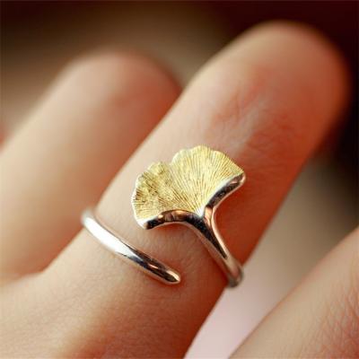 China Wholesale Vintage Plant Ginkgo Leaf Silver Open Rings For Women Fashion Prevent Allergy Jewelry New Design for sale