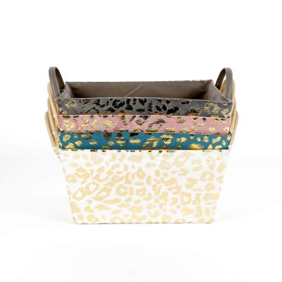 China Sustainable Leopard Print Velvet Storage Basket With PU Handle Home Deco Cosmetic Sundries Storage Organizer for sale