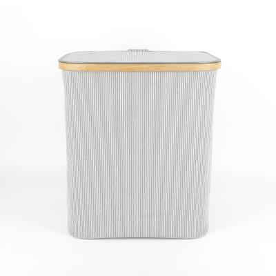 China Sustainable Foldable Bamboo Dirty Storage Basket Stripe Laundry Hamper Cloth Toys Storage Basket With Lid for sale