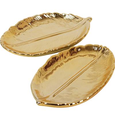 China Nordic Viable Storage Gold Handmade Ceramic Jewelry Dish Home Statistical Institute Leaf Dish Desktop Decoration for sale