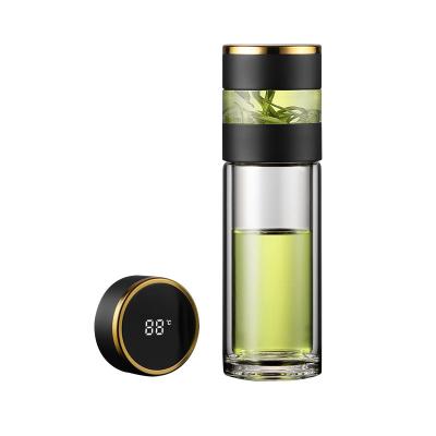 China Tea Warehouse Thermos Temperature LED Display Glass Stocked Independent Lid Bottle With Sleeve for sale