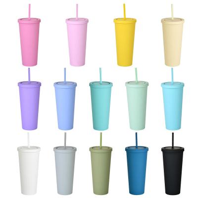 China 22oz PORTABLE Matte Frosted Double Wall Bottles Custom LOGO Plastic Tumbler with Straw for sale