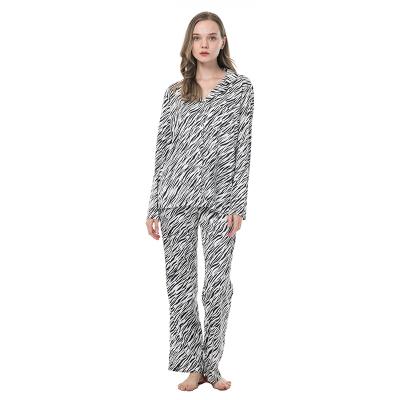 China QUICK DRY Button though Polyester Women's Zebra Stripes Designer Pajamas Long Lounge Wear Pj Sets for Women for sale