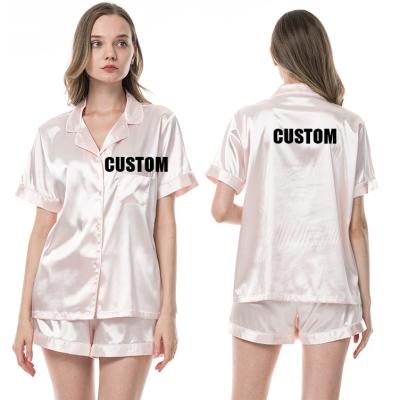 China Wholesale Custom QUICK DRY Women's Silk Satin Pajama Shorts Set V Neck Crop Shirt High Waist White White Shorts Pink Pajamas for sale