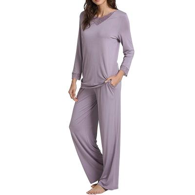 China QUICK DRY Women's Pajamas Set 3/4 Bamboo V-Neck Pajamas Long Sleeve Sleepwear Soft Loungewear Set With Lace Plus Size for sale