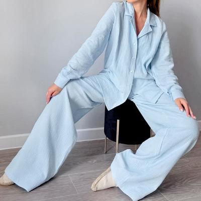 China QUICK DRY Ladies Woman Blue Bulked Crinkle Cotton Wide-leg Long Pajamas Set for sale