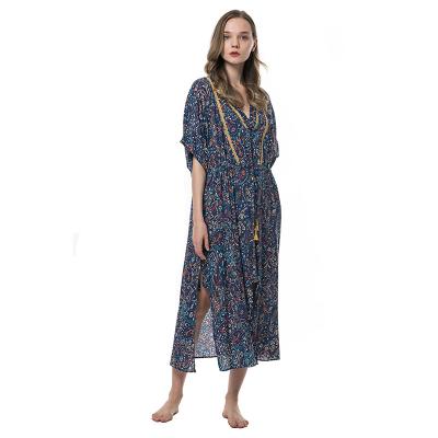 China Home Wholesale Custom Belted Half Maxi Dress QUICK DRY Long Sleeve Floral Print Kimono Spring Summer Robe for sale