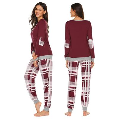 China QUICK DRY Pajamas Women Winter Long Sleeve Pajamas Set Polyester Two Piece Sleepwear O-Neck Nightgowns Loungewear With Plaid Pants for sale