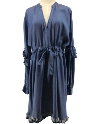 China Wholesale Washable Washable Long Sleeve V-Neck Dress Girls Women Denim Dress for sale