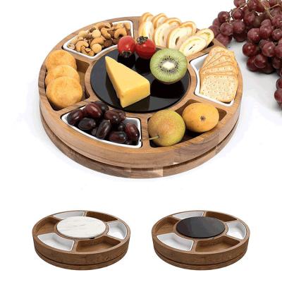 China Silian Sustainable Acacia Cut Set Compact Round Backrest Small Swivel Acacia Wood Cheese Board With Knives for sale