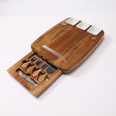 China Large Silian Acacia Wood Household Drawer Square Wooden Cheese Board With Knife Set Cover for sale