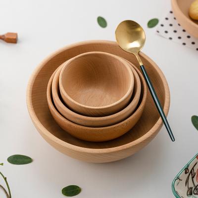 China Household Viable Hotel Beech Salad Wholesale Flat Bottom Japanese Style Solid Wood Round Soup Bowl for sale