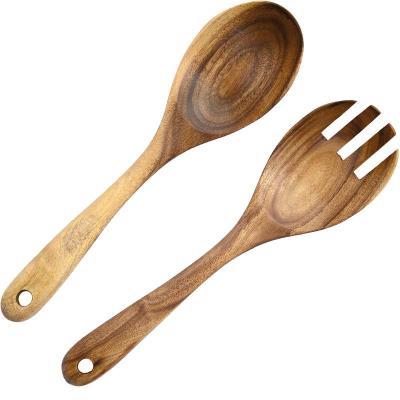 China Teak Acacia Mangium Kitchen Solid Wood Sustainable Natural Salad Fork Large Stirring Black Wooden Spoon Kitchen Utensil Set For Cook for sale