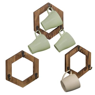 China 3 Piece Wooden Hexagonal Wall Hanging Storage Rack Home Coffee Mug Cup Holder Viable Factory Customized for sale