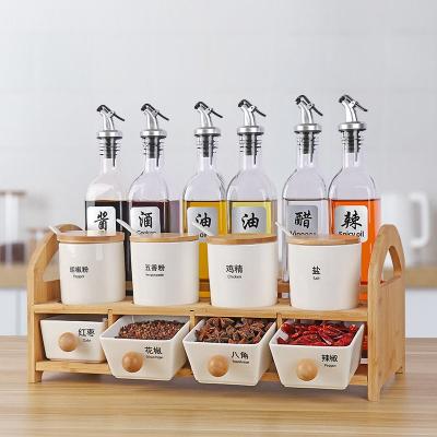 China Full Drawer Viable Full Glass Jar Lid Collection Supply Kitchen Soy Sauce Vinegar Salt Oil Table Bamboo Spice Rack for sale