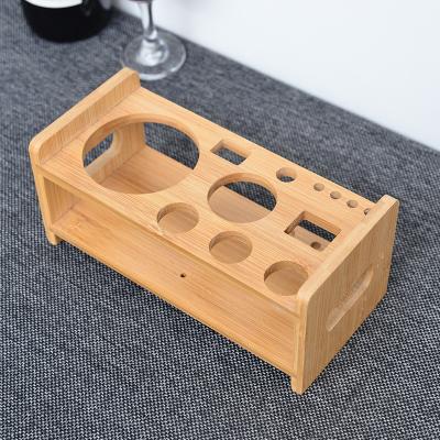 China Simple Bamboo Wooden Cocktail Rack Wine Bar Black Cocktail Glass Rack Set Wooden Rack Shaker Kit for sale