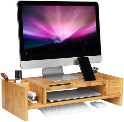 China Eco-friendly Bamboo Monitor Stand Laptop Cell Phone TV Raised Stand With Adjustable Storage for sale