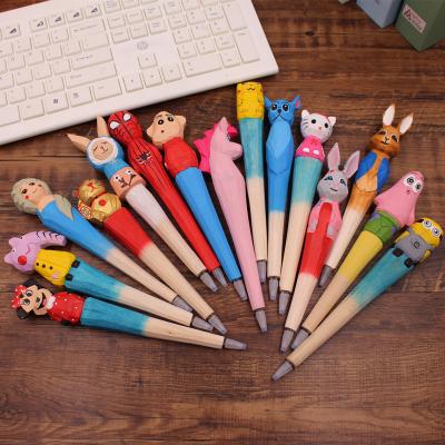 China office & Hot Selling Cartoon Wooden Handwork School Pen Anime Series Carving Handmade Animal Pen for sale