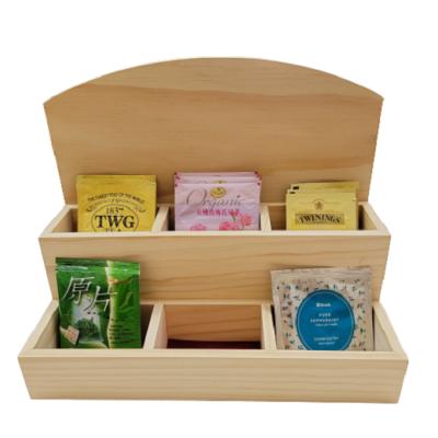 China Handmade Custom Wooden 2 Tier Tea Organizer Storage Chest with 6 Compartments for Home Use, Gifts, Tea Bags Display for sale