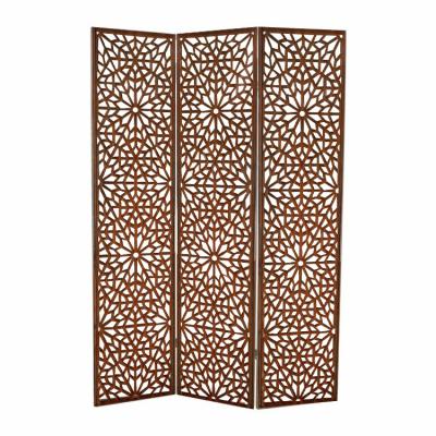 China Prettywood Dubai Arab Mediterranean Traditional 3 Panel Folding Room Divider Solid Wood Design Carved Screen for sale