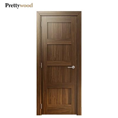 China Prettywood Walnut Color 4 Shaker Panel Design Solid Wooden Modern Waterproof Prehung Interior Doors for sale